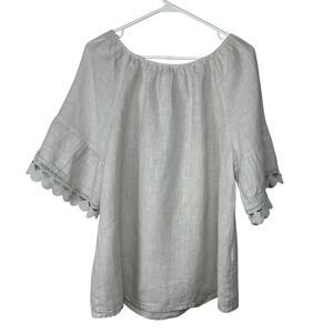 Terzo Millennio Oatmeal Linen 1/2 Bell Sleeve Crochet Lace Trim Blouse Top Large